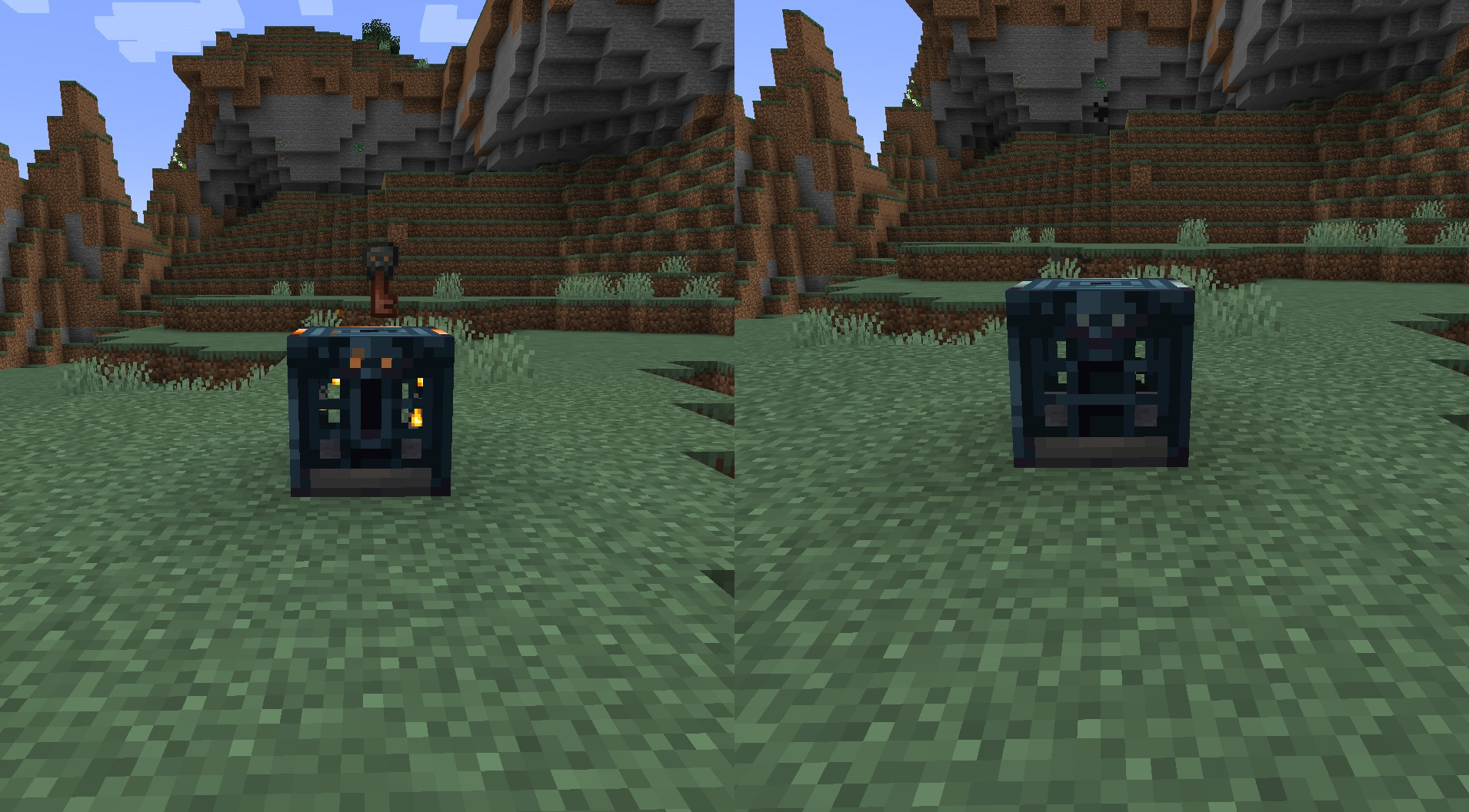 2 grey cage blocks beside each other. One with a skull that has its mouth open and eyes glowing orange, the other with its mouth shut and dark eyes.